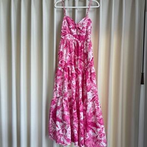 Francesca’s Miami pink and white tie front tiered maxi dress